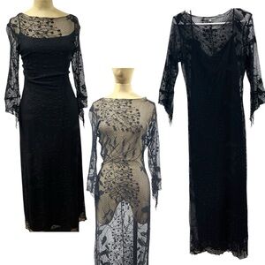 90s Witchy Goth Lace Dress Moa Moa LG Black Two Piece Grunge 2000s Fishnet Edgy